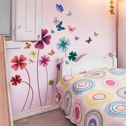 Colorful Butterfly Four-Leaf Clover Floral Wall Stickers PVC Self-Adhesive Removable Living Room Bedroom Decor DIY