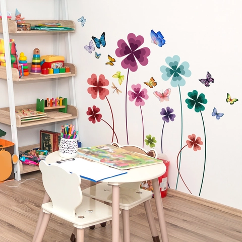 Colorful Butterfly Four-Leaf Clover Floral Wall Stickers PVC Self-Adhesive Removable Living Room Bedroom Decor DIY