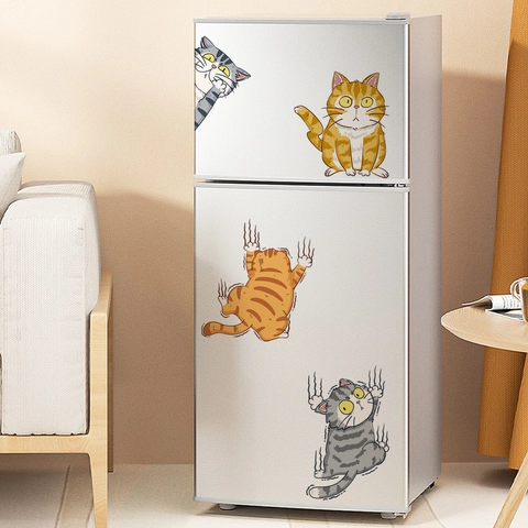 Stickers Muraux Chat Dessin Animé 3D PVC Imperméable Stickers Pour Réfrigérateur Pour Cuisine Chambre Décoration Décalcomanies Chat