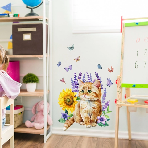 Adesivi Murali Gatto Acquerello Girasole Farfalla PVC Decalcomanie Rimovibili Per Camera Dei Bambini Soggiorno Casa