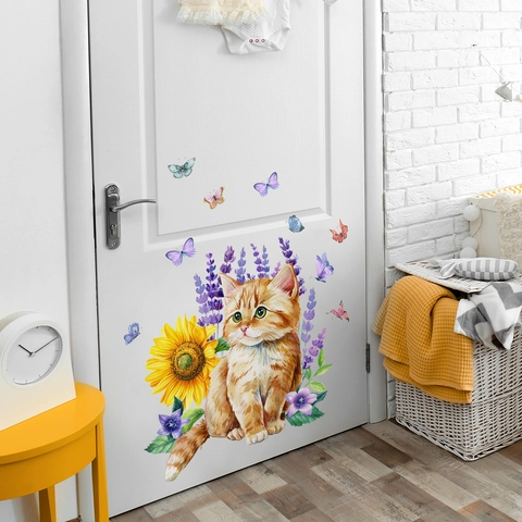 Adesivi Murali Gatto Acquerello Girasole Farfalla PVC Decalcomanie Rimovibili Per Camera Dei Bambini Soggiorno Casa