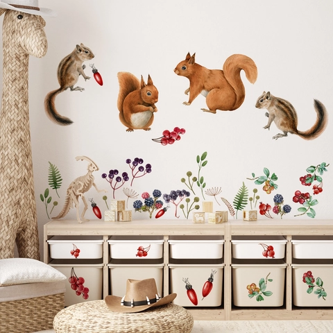 Simpatico Scoiattolo Animali della Foresta Floreale Adesivo Murale PVC Acquerello Removibile per Camera dei Bambini Soggiorno