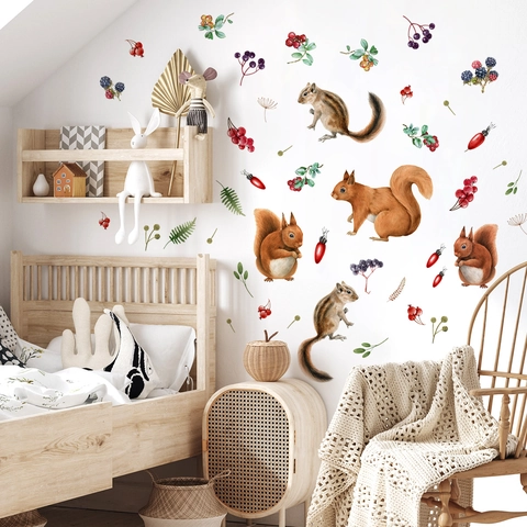 Simpatico Scoiattolo Animali della Foresta Floreale Adesivo Murale PVC Acquerello Removibile per Camera dei Bambini Soggiorno