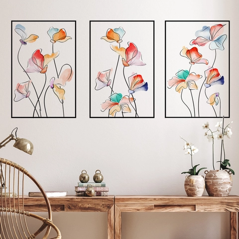 Modern Minimalistische Wandaufkleber Abstrakte Aquarell Blumen PVC Triptychon Künstlerische Blumenzeichnung Deko