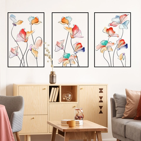Modern Minimalistische Wandaufkleber Abstrakte Aquarell Blumen PVC Triptychon Künstlerische Blumenzeichnung Deko