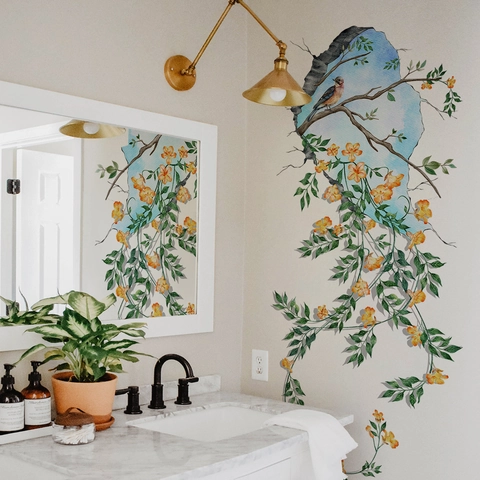 3D Broken Wall Bird Flower Wall Sticker Removable PVC Mural Decal For Living Room Bedroom Home Decor Natural Floral Art