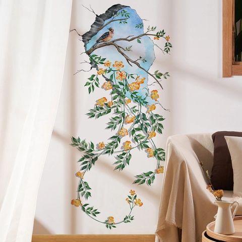 3D Broken Wall Bird Flower Wall Sticker Removable PVC Mural Decal For Living Room Bedroom Home Decor Natural Floral Art