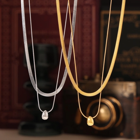 Collar de Doble Capa de Acero Inoxidable para Mujer Cadena de Hueso de Serpiente Chapada en Oro Plata con Colgante de Gota