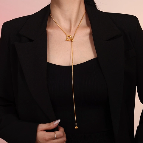 Collana Lariat Acciaio Inossidabile Chiusura A Gancio Regolabile Catena A Serpente Pendente A Sfera Geometrico Chic Per Donna