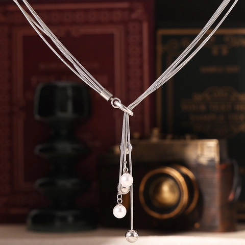 Stainless Steel Multi Layer Necklace With Imitation Artificial Pearl Tassel Y Shaped Toggle Clasp Elegant Jewelry For Women