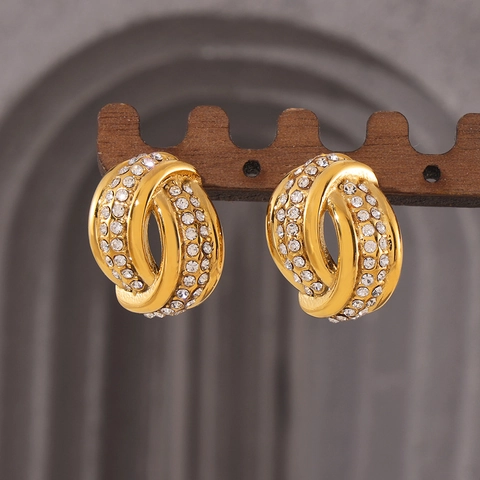 Pendientes De Botón Huecos Retorcidos Vintage Acero De Titanio Chapado En Oro De 18K Pavé Diamante Checo Elegante Mujer