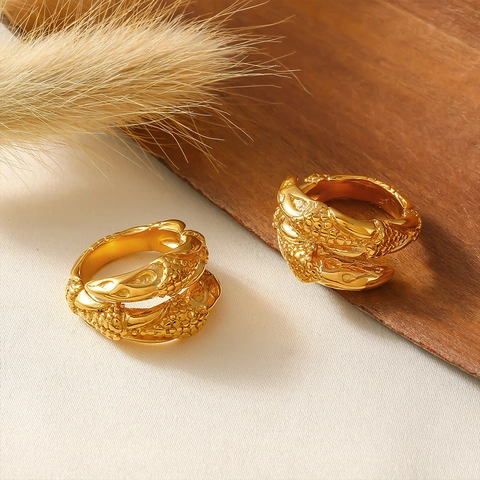 Vintage Stainless Steel Open Ring For Women With 18K Gold Plated Dragon Scale Texture Carved Animal Head Punk Jewelry