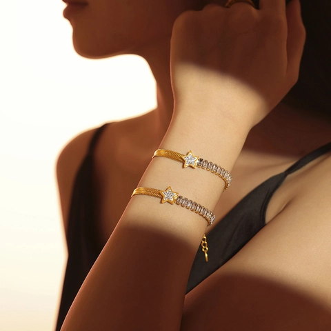 French Luxury Gold Plated Stainless Steel Star Zirconia Bracelet For Women Vintage Snake Chain Geometric Jewelry Hand Decor