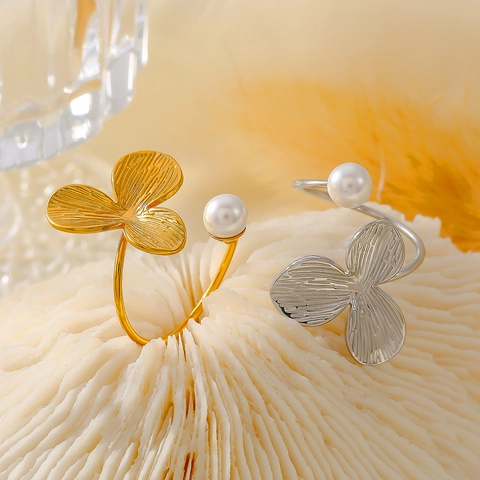 Schmuck Titanstahl Blume Schmetterling 18K Vergoldet Künstliche Perle Zirkon Verstellbarer Offener Ring Ohrstecker Damen Elegant