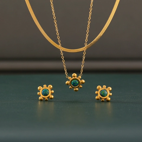 Collana E Orecchini Girasole Acciaio Al Titanio Placcato Oro 18K Pietra Naturale Vintage Elegante Per Donne