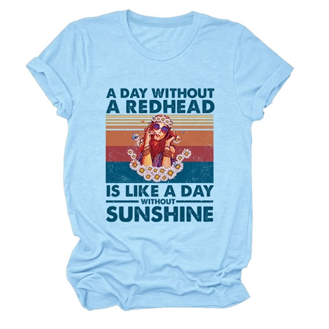 Women T-Shirt Retro Graphic Print Round Neck Short Sleeve Cotton Blend Casual Loose Summer Tee Redhead Sunshine Slogan
