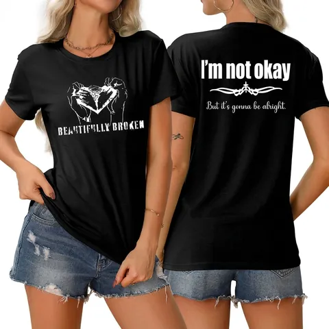 T-Shirt Donna Misto Cotone Girocollo Manica Corta Beautifully Broken Grafica Cuore Stampa Lettere Casual Streetwear Top