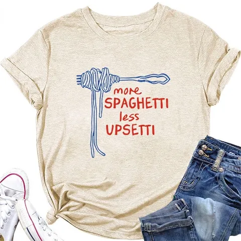 Maglietta Donna More Spaghetti Less Upsetti Grafica Tee Misto Cotone Maniche Corte Girocollo Top Casual Estivo