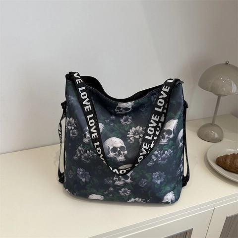 Large Capacity Tote Bag Nylon Fabric Gothic Skull Flower Print Wide Letter Strap Casual Shoulder Crossbody Bag For Women