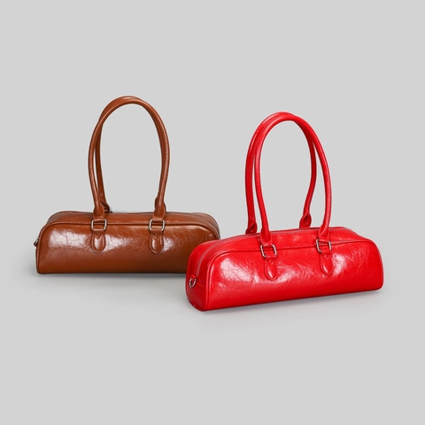 Women Glossy PU Leather Underarm Shoulder Bag Minimalist Cylindrical Baguette Handbag Retro Niche Style Purse