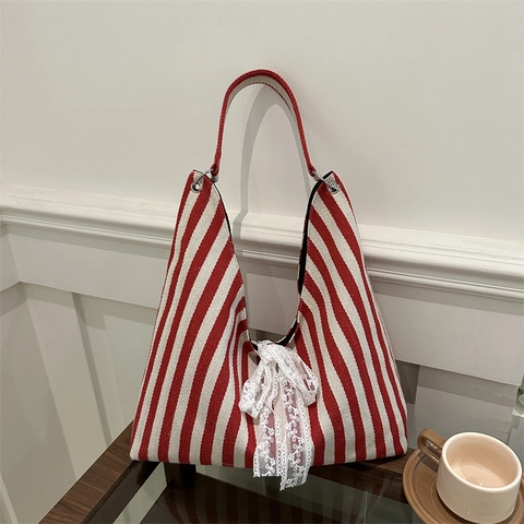 Damen Gestreifte Nylon Tote Bag Mit Spitzenschleife Große Kapazität Schultertasche Trendige Lässige Handtasche Hobo Bag