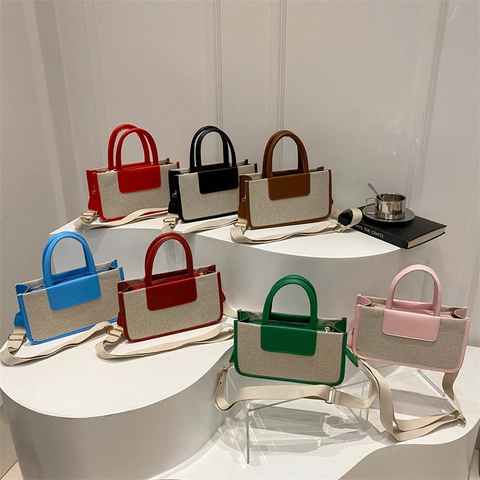 Women Patchwork Canvas PU Leather Tote Bag Wide Shoulder Strap Contrast Color Crossbody Handbag Daily Commute Versatile