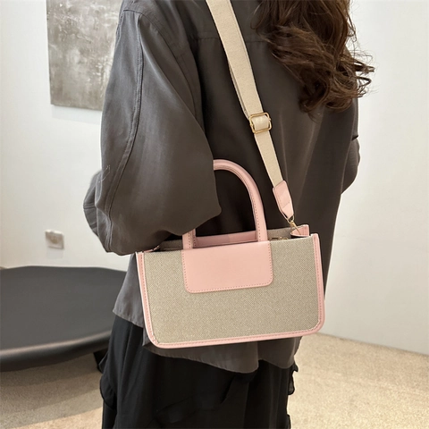 Women Patchwork Canvas PU Leather Tote Bag Wide Shoulder Strap Contrast Color Crossbody Handbag Daily Commute Versatile