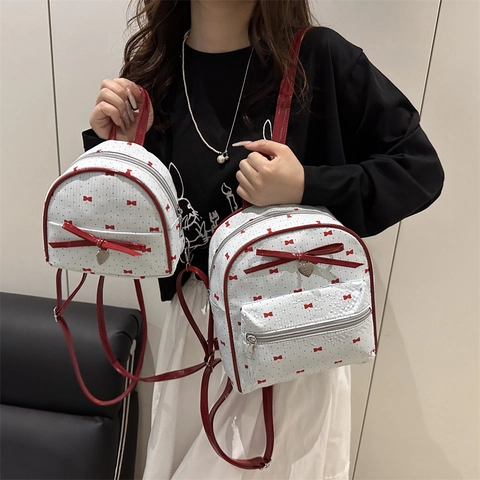 Mochila Mini de Cuero PU de Moda Estilo Preppy Patrón de Lunares con Lazo Mochila de Viaje para Mujer Niña Escolar