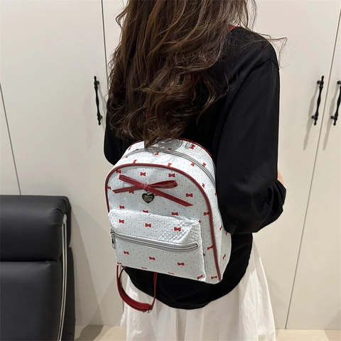 Mochila Mini de Cuero PU de Moda Estilo Preppy Patrón de Lunares con Lazo Mochila de Viaje para Mujer Niña Escolar