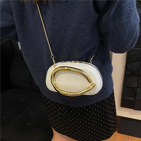 Sac Bandoulière Femme En Cuir PU Mode Poignée Métallique Dorée En U Pochette Soirée Ovale Sac À Main Chaîne Serpent