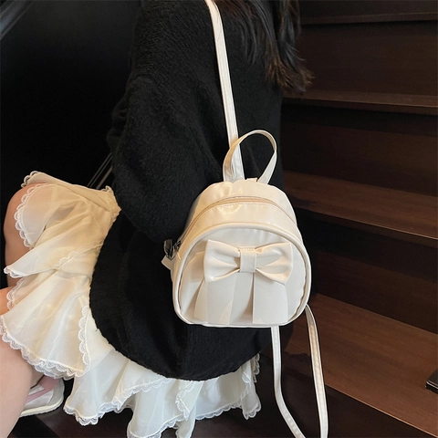 Mini Zaino Con Fiocco Elegante Pelle PU Multifunzionale Versatile Piccola Borsa A Tracolla Borsa A Mano Per Donna Crema