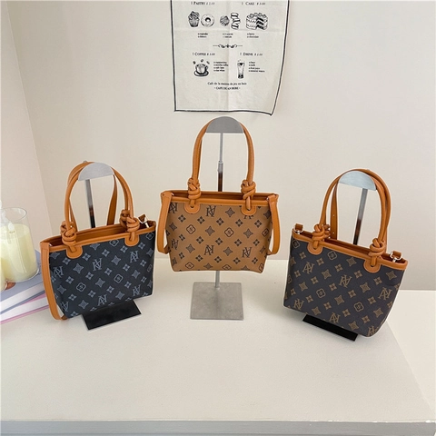 Vintage Monogramm PU Leder Eimertasche Für Damen Kontrastfarbe Tote Bag Mit Knotengriff Kleine Umhängetasche Schultertasche Handtasche