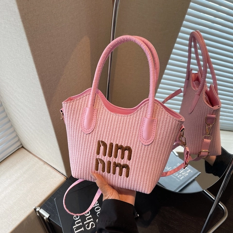 Borsa a Secchiello in Paglia Intrecciata da Donna con Finiture in Pelle PU Lettere Ricamate Borsa a Tracolla Estiva da Spiaggia Vacanza Viaggio Borsa Tote