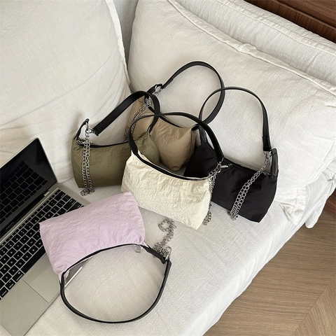 Women Pleated Nylon Baguette Bag With Silver Metal Chain Link Casual Minimalist Underarm Shoulder Bag For Daily Fashion