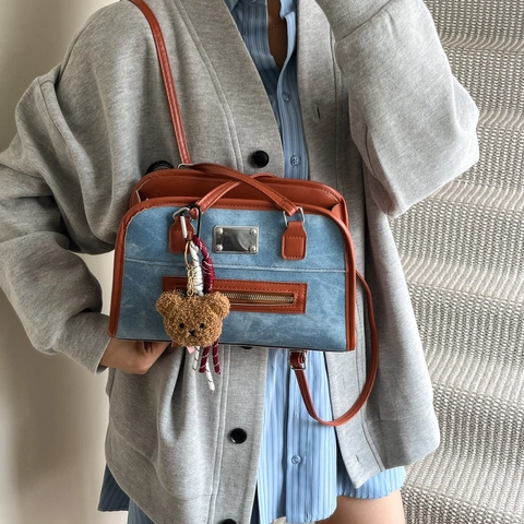 Vintage Contrast Color Crossbody Bag Canvas PU Leather Large Capacity Tote Handbag Bear Pendant Fashion Women Shoulder Bag