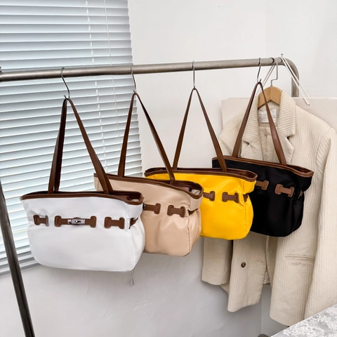Women Tote Bag Large Capacity Nylon Fabric Faux Leather Trim Metal Turn Lock Commuter Shoulder Crossbody Fashion Handbag