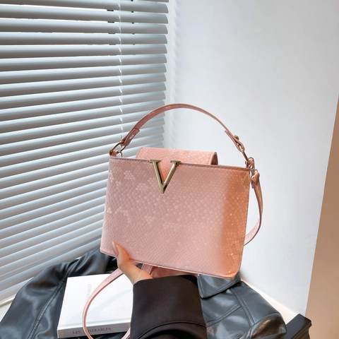 Borsa a Mano con Motivo a Pelle di Serpente di Moda con Fibbia a V in Metallo Borsa a Tracolla in Pelle PU per Donna
