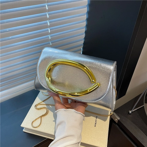 Borsa Da Sera Alla Moda Pelle PU Grande Fibbia In Metallo Dorato Catena Borsa A Tracolla Per Donna