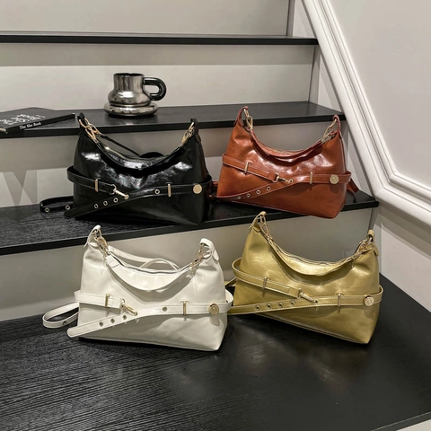 Fashion Women Hobo Shoulder Bag Shiny PU Leather Retro Solid Color Adjustable Strap Underarm Purse Daily Handbag