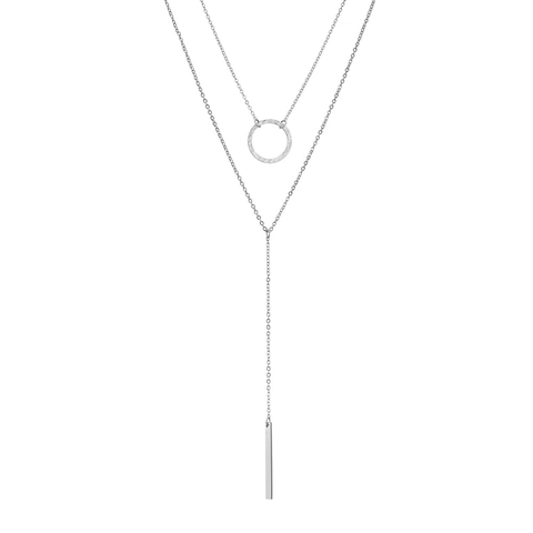 Collana a Strati in Acciaio Inossidabile 316L Con Pendente a Cerchio Martellato e Barra Collana a Y Donna Oro Argento Rosa