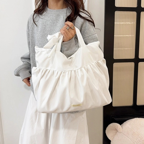 Bolso Tote De Nailon Fruncido Gran Capacidad Mujer Dulce Bolso De Hombro De Lunares Con Asa De Lazo Plisado Con Volantes