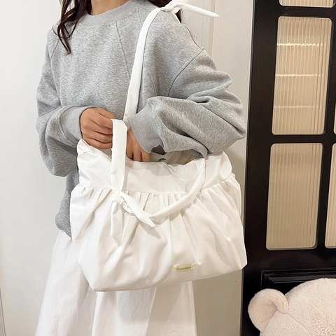 Bolso Tote De Nailon Fruncido Gran Capacidad Mujer Dulce Bolso De Hombro De Lunares Con Asa De Lazo Plisado Con Volantes