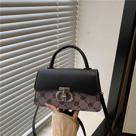 Damen Retro PU Leder Monogramm Umhängetasche Mode Kontrastfarbe Kleine Quadratische Handtasche Mit Metallschnalle Schultertasche Für Tägliches Pendeln