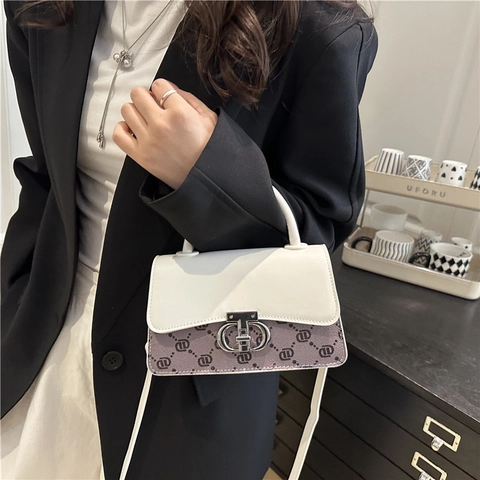 Damen Retro PU Leder Monogramm Umhängetasche Mode Kontrastfarbe Kleine Quadratische Handtasche Mit Metallschnalle Schultertasche Für Tägliches Pendeln