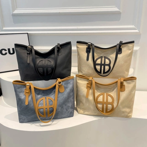 Damen Große Kapazität PU Leder Tote Bag Retro Lässig Umhängetasche Mit Buchstaben Logo Täglich Pendeln Büro Handtasche