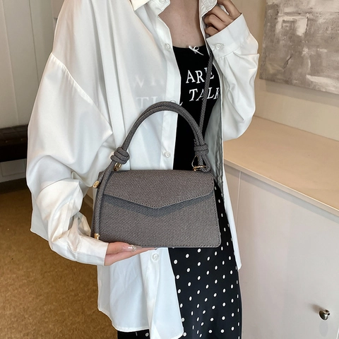 Fashion Woven Texture PU Leather Small Square Bag For Women Rope Knot Handle Shoulder Crossbody Bag With Gold Hardware