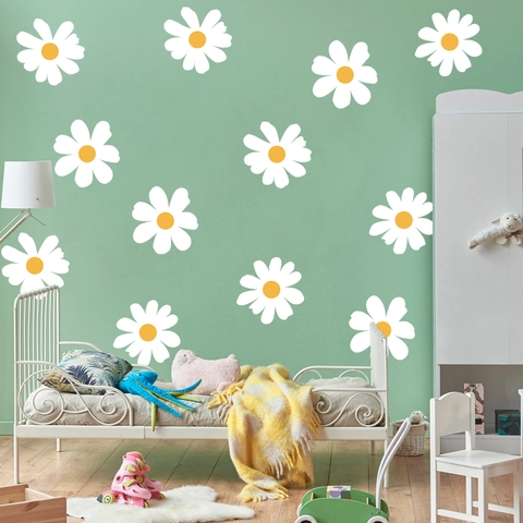 Fresh White Daisy Wall Stickers Glue Free Self Adhesive PVC Flower Wall Decals For Nursery Living Room Home Wall Decoration