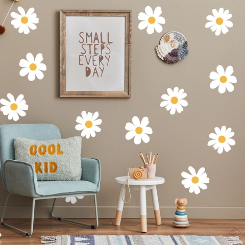 Vinilos de Pared de Margaritas Blancas Nórdicas para Sala de Estar Dormitorio Sin PVC Sin Pegamento Activados por Agua Calcomanías Florales