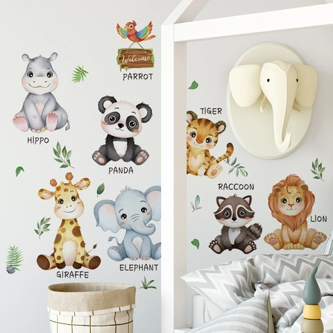 Cartoon Tier Wandaufkleber Für Kinderzimmer Aquarell Löwe Panda Elefant PVC Abnehmbare DIY Kunst Wandbild Home Decor Abziehbilder