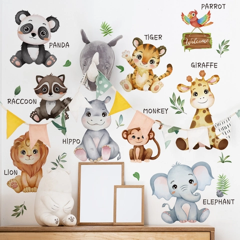 Cartoon Tier Wandaufkleber Für Kinderzimmer Aquarell Löwe Panda Elefant PVC Abnehmbare DIY Kunst Wandbild Home Decor Abziehbilder